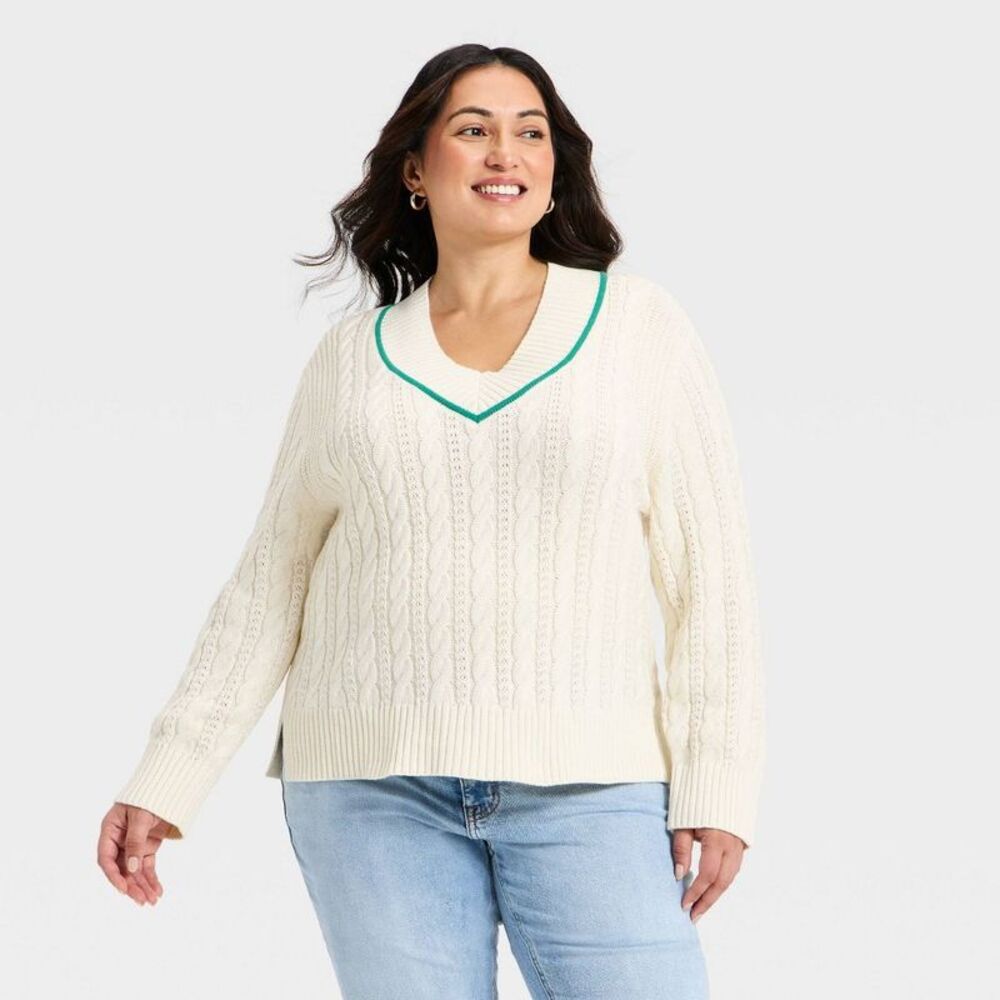 Women's Long Sleeve Cable Knit V-Neck Pullover Sweater - Ava & Viv Cream XXL